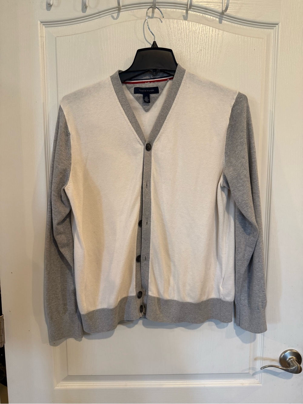 Tommy Hilfiger white gray color-blocked V-neck lightweight cardigan men’s large